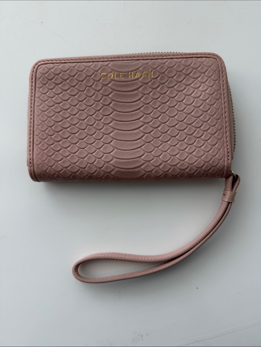 Cole Haan Light Salmon Pink Embossed Leather Zip Around Wallet with Gold Logo